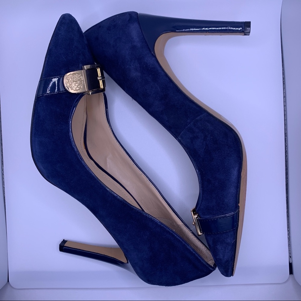 Royal Blue Suede Heels Gold Tone Buckle